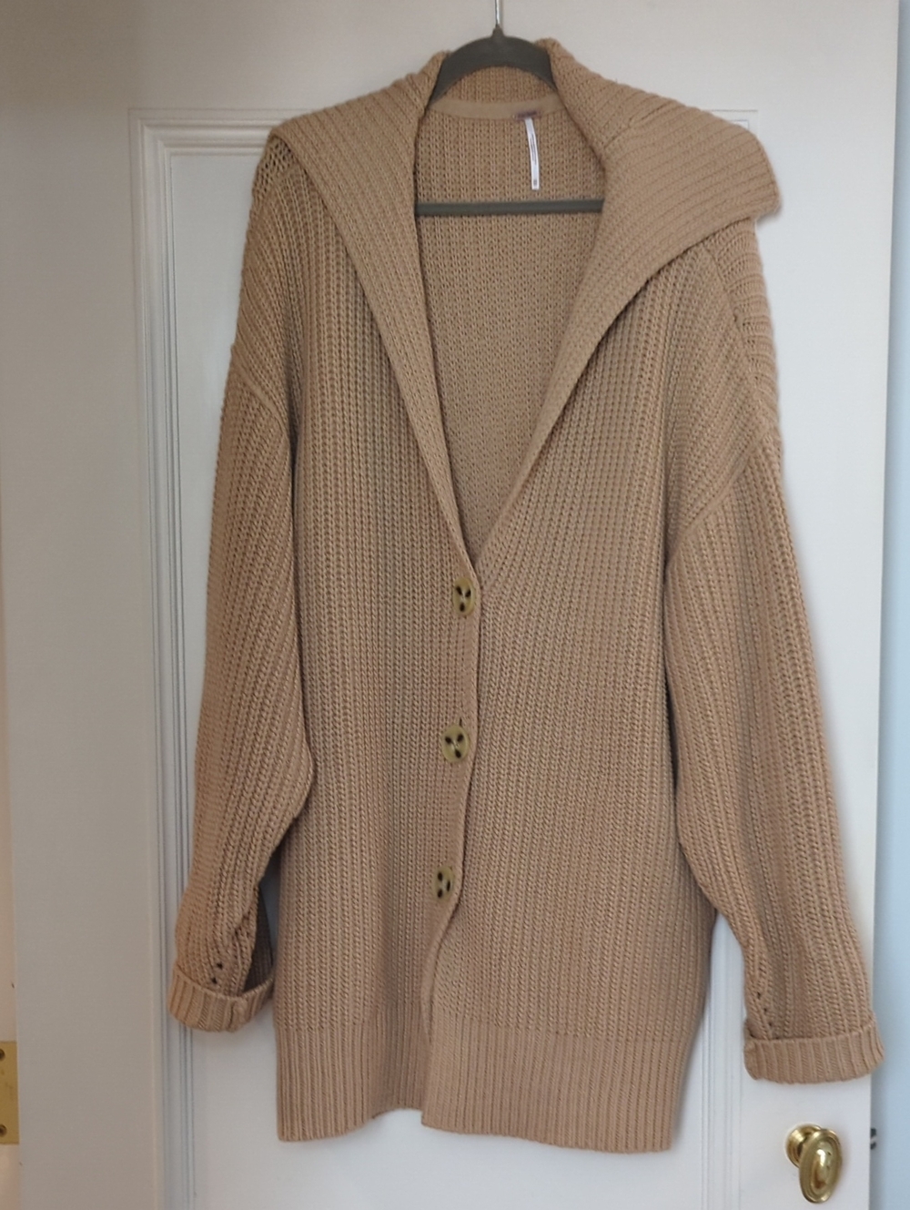 Free People Neutral Beige Hooded Chunky Knit Cardigan